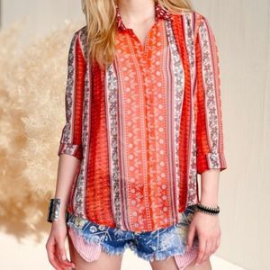 Free People Moonlight Mile Woven Top in Hot Coral Combo size Small